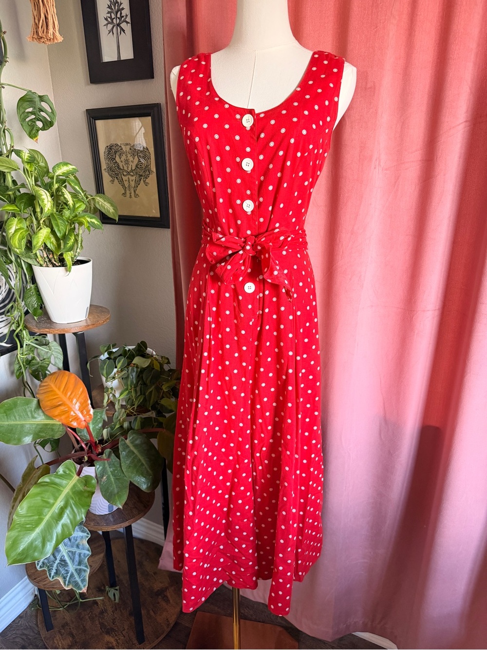 Vintage 1980’s Red Polka Dot Sleeveless Jumpsuit with Tie Waist